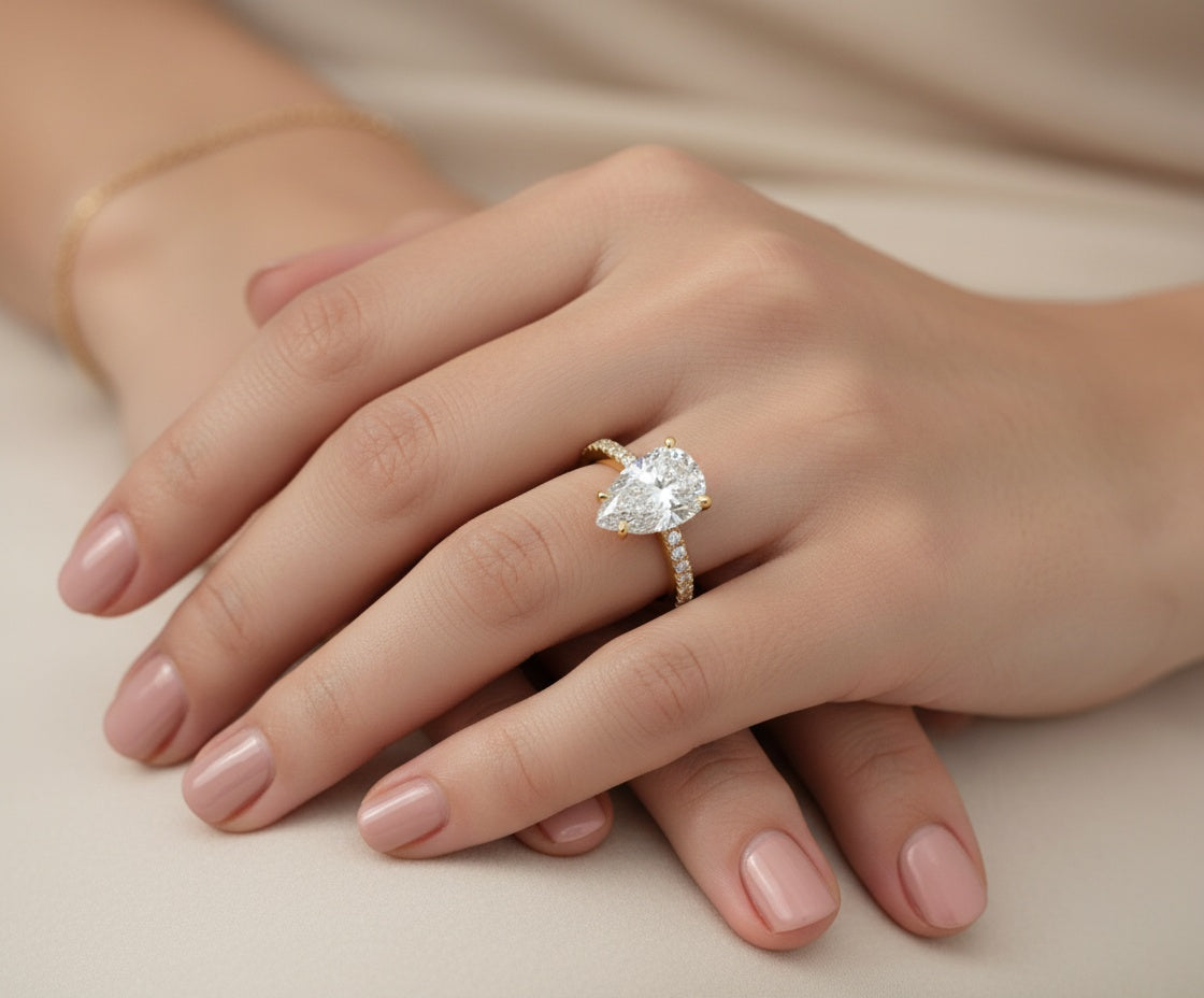 IGI Certified Pear Lab Diamond Hidden Halo Ring (5 ct) in Solid Gold 10K–18K or 925 Sterling Silver