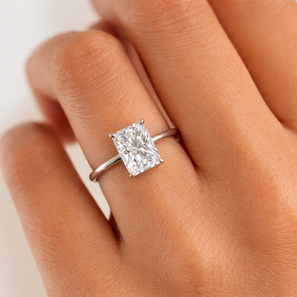 Classic Solitaire 3 Carat Radiant-Cut Moissanite Ring | D Color, VVS Clarity, Platinum-Plated Sterling Silver