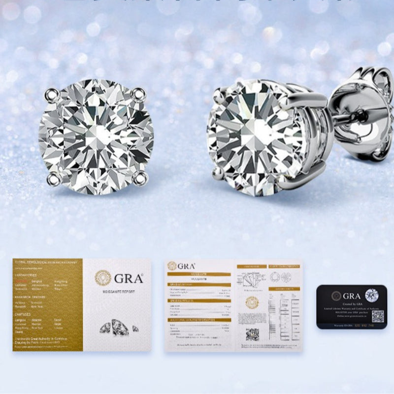 GRA Certified 1-Carat Round Moissanite Stud Earring – Platinum-Plated Sterling Silver, VVS Clarity, D Color
