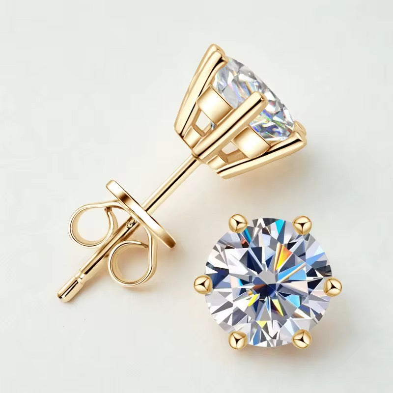 GRA Certified 1-Carat Round Moissanite Stud Earring – Gold-Plated S925 Sterling Silver, D Color, VVS Clarity
