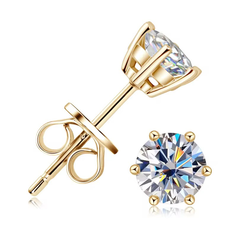 GRA Certified 1-Carat Round Moissanite Stud Earring – Gold-Plated S925 Sterling Silver, D Color, VVS Clarity