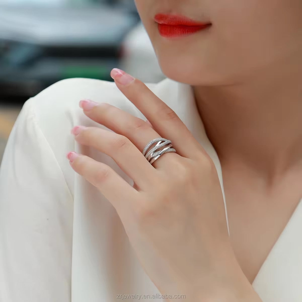 Elegant Multi-Line Statement Ring | Moissanite, D Color, VVS Clarity, Sterling Silver