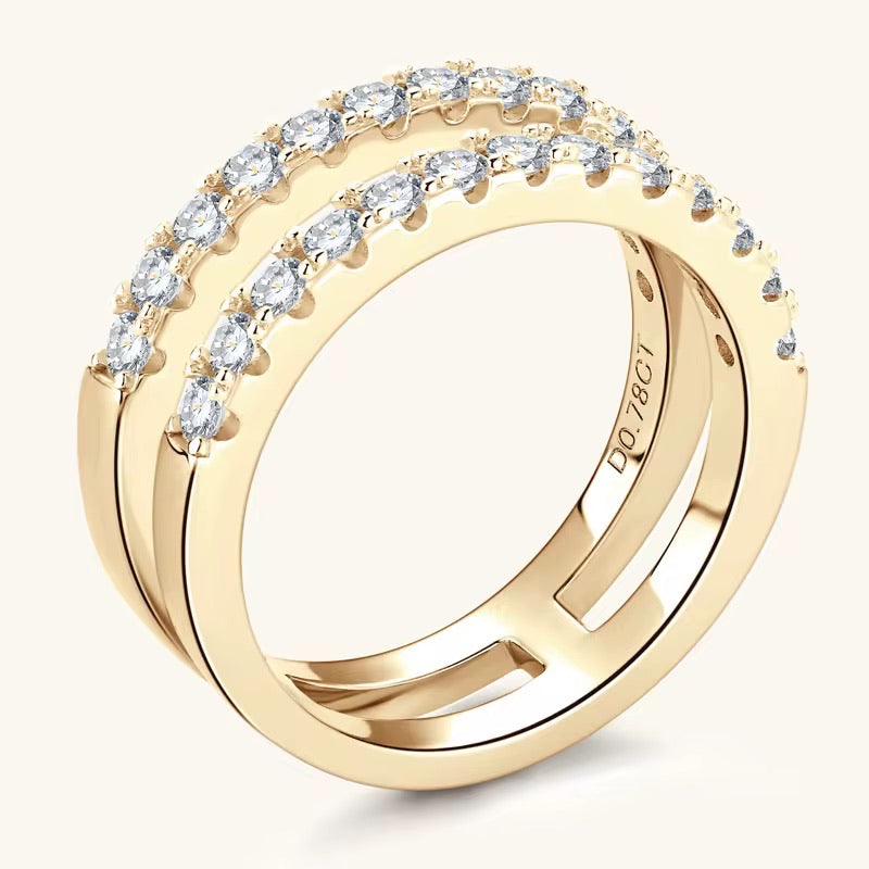 Elegant Gold-Plated Double Band Ring | Moissanite, D Color, VVS Clarity, Sterling Silver
