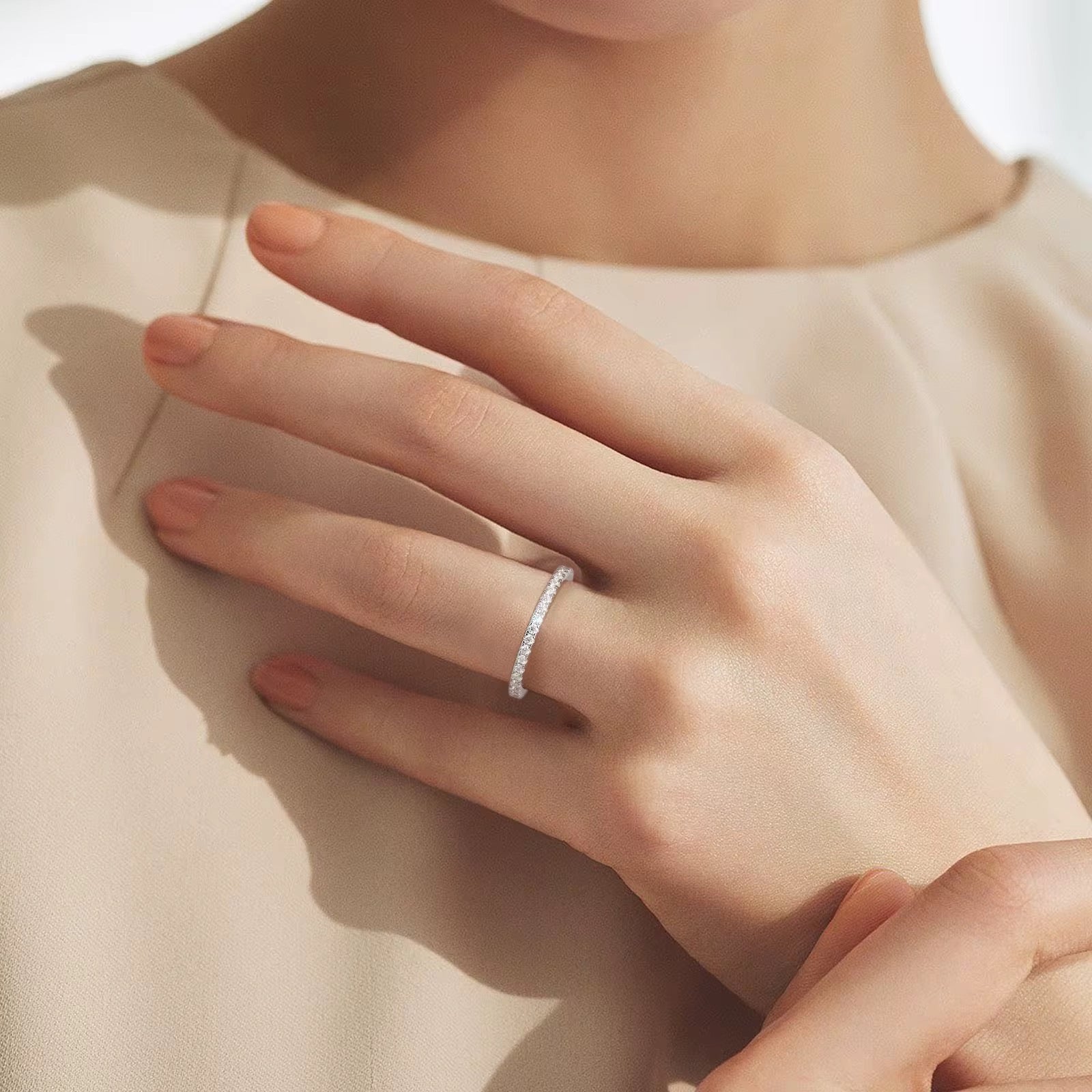 Eternity Moissanite Band Ring | D Color, VVS Clarity, Platinum-Plated Sterling Silver