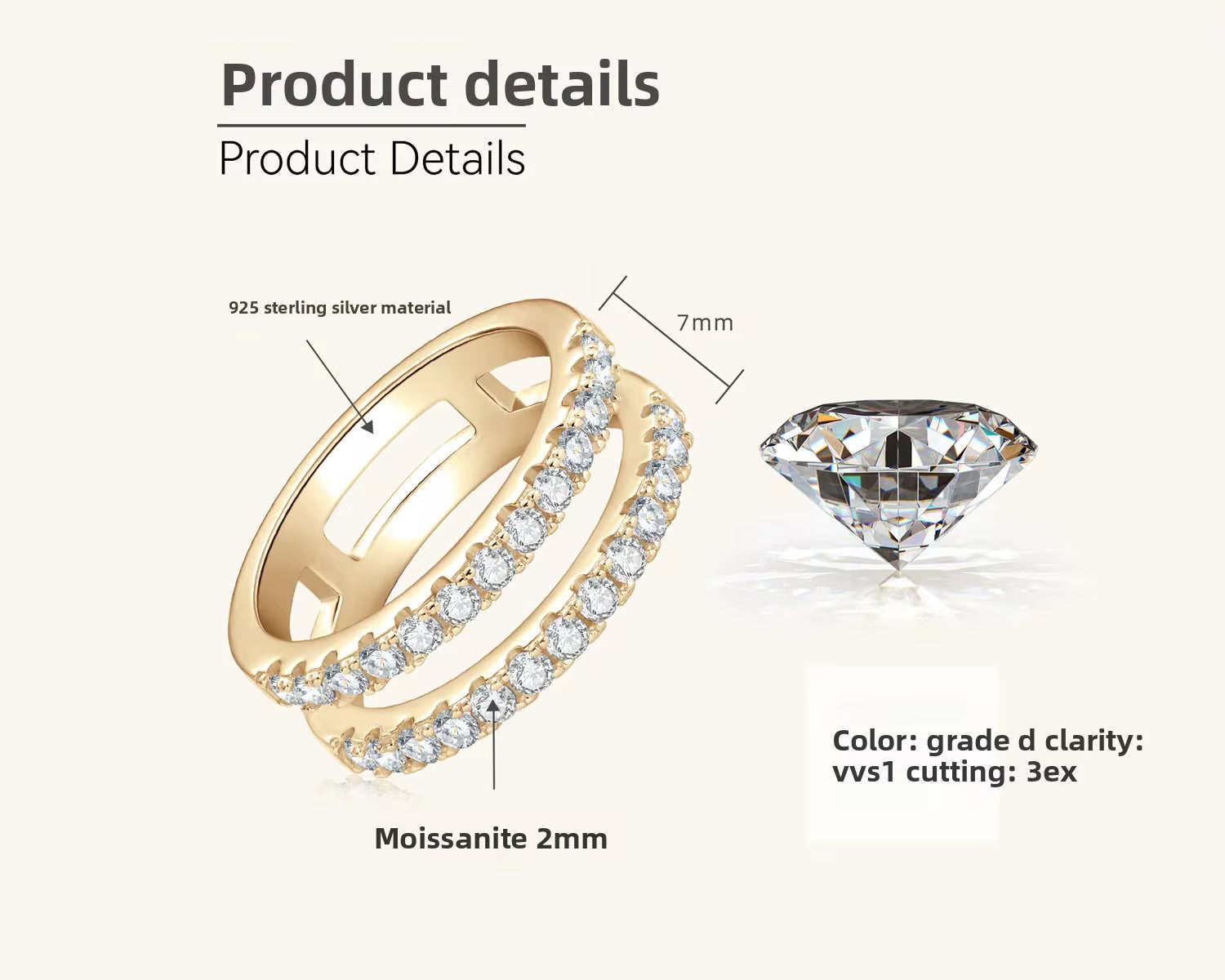 Elegant Gold-Plated Double Band Ring | Moissanite, D Color, VVS Clarity, Sterling Silver
