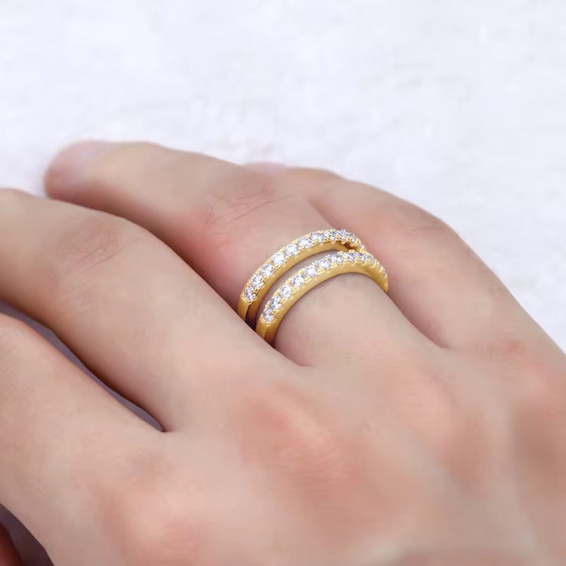 Elegant Gold-Plated Double Band Ring | Moissanite, D Color, VVS Clarity, Sterling Silver