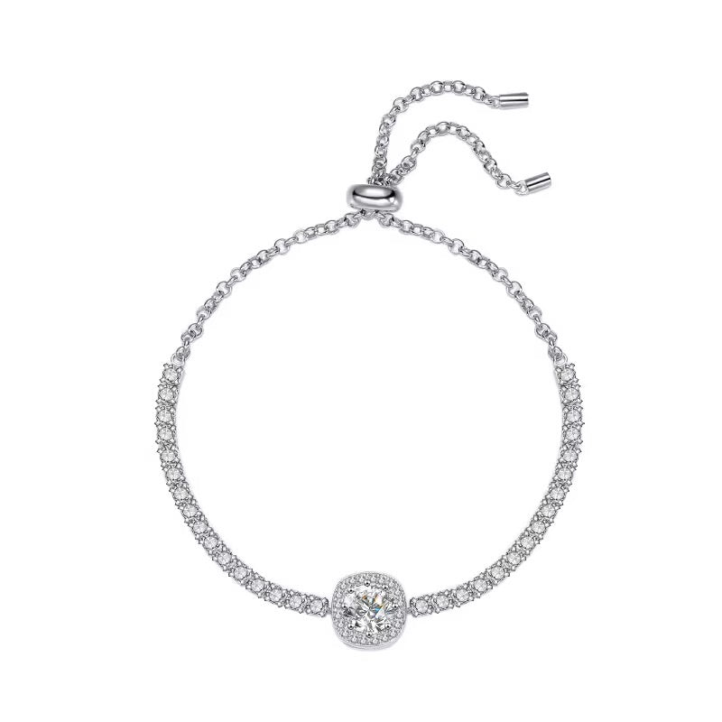 Elegant Moissanite Halo Bracelet | 1 CT Center Stone, D Color, VVS Clarity, Sterling Silver