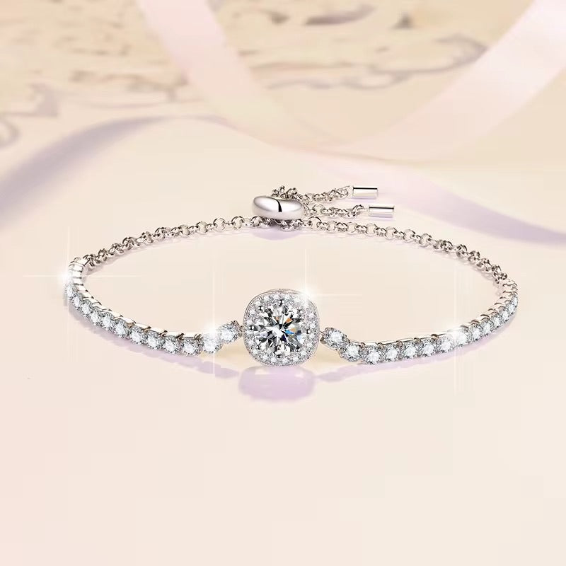 Elegant Moissanite Halo Bracelet | 1 CT Center Stone, D Color, VVS Clarity, Sterling Silver