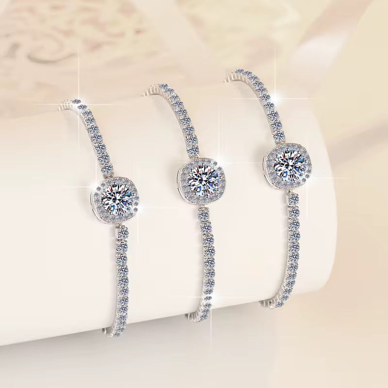 Elegant Moissanite Halo Bracelet | 1 CT Center Stone, D Color, VVS Clarity, Sterling Silver
