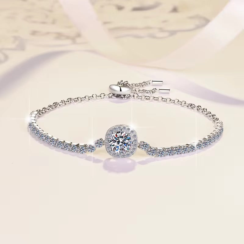 Elegant Moissanite Halo Bracelet | 1 CT Center Stone, D Color, VVS Clarity, Sterling Silver