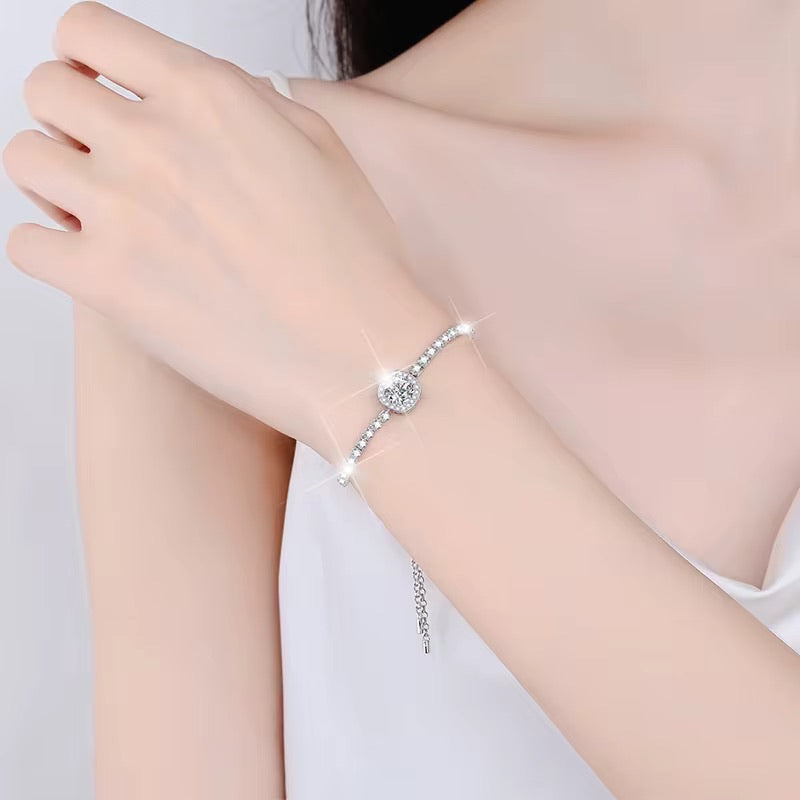 Elegant Moissanite Halo Bracelet | 1 CT Center Stone, D Color, VVS Clarity, Sterling Silver