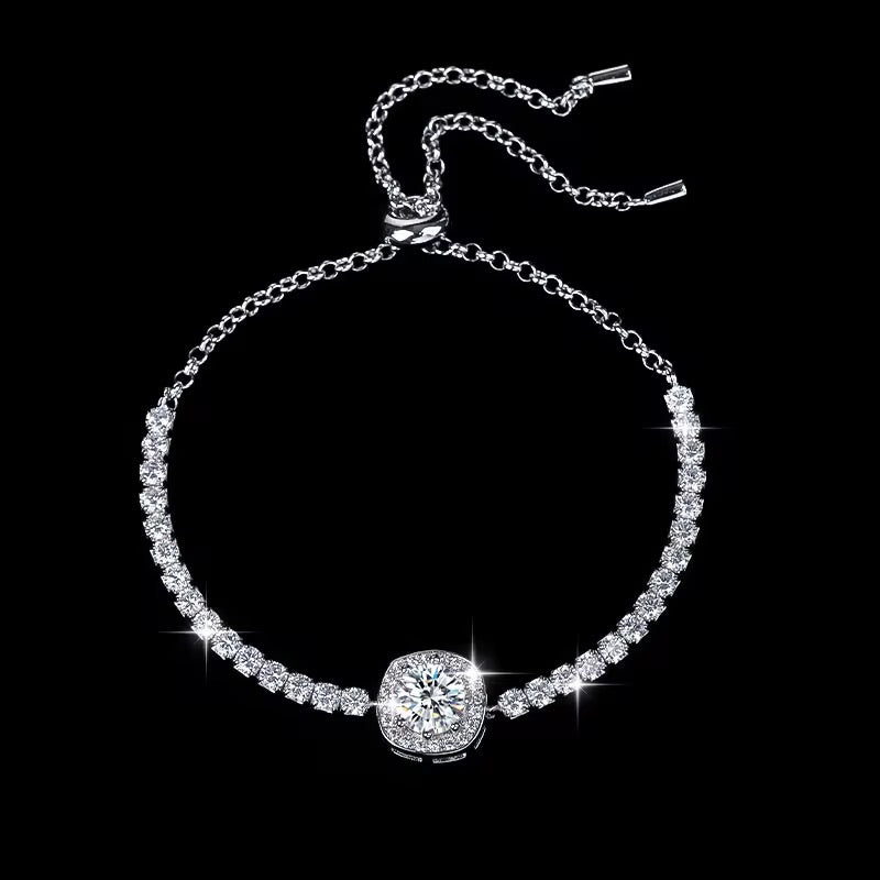 Elegant Moissanite Halo Bracelet | 1 CT Center Stone, D Color, VVS Clarity, Sterling Silver