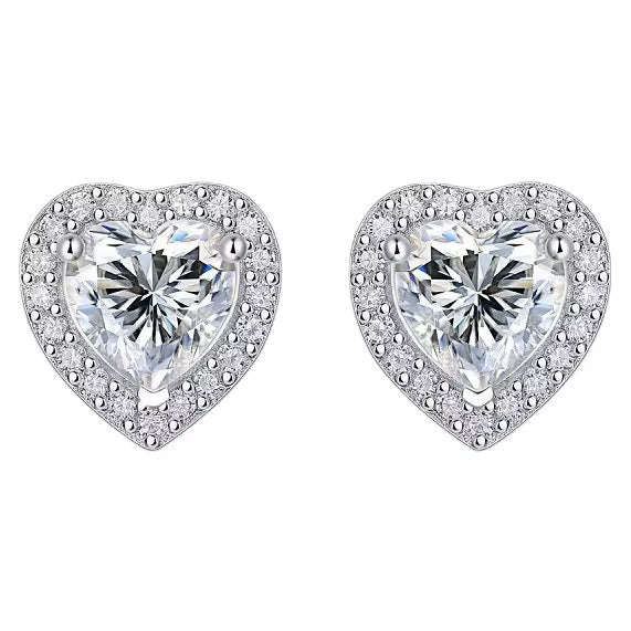 Heart Halo Sterling Silver Moissanite Stud Earrings | 1 CT Total, D Color, VVS Clarity