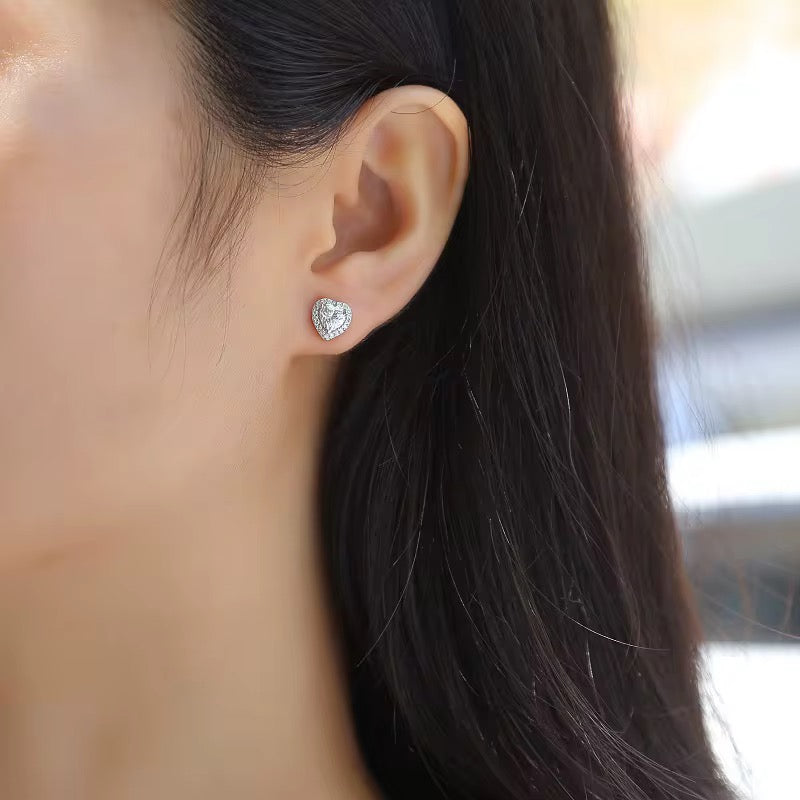 Heart Halo Sterling Silver Moissanite Stud Earrings | 1 CT Total, D Color, VVS Clarity