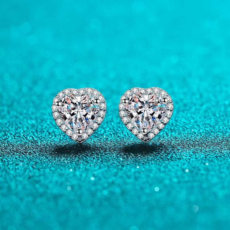 Heart Halo Sterling Silver Moissanite Stud Earrings | 1 CT Total, D Color, VVS Clarity