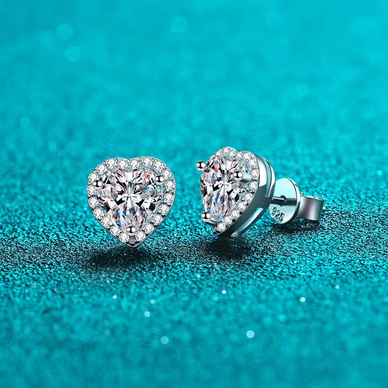 Heart Halo Sterling Silver Moissanite Stud Earrings | 1 CT Total, D Color, VVS Clarity