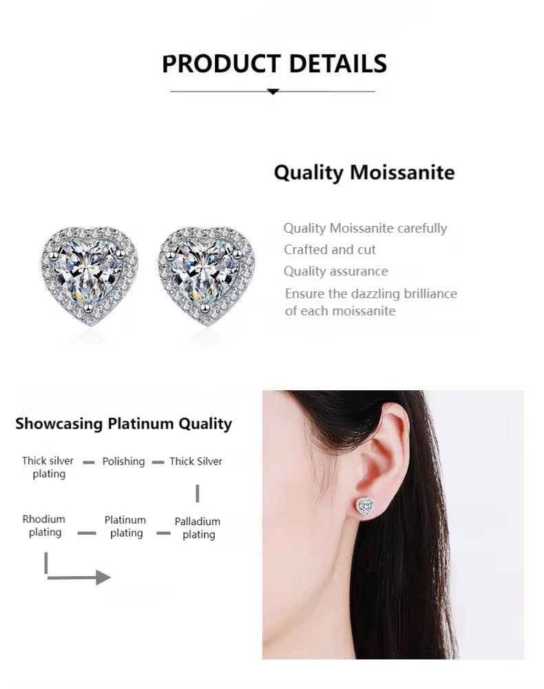 Heart Halo Sterling Silver Moissanite Stud Earrings | 1 CT Total, D Color, VVS Clarity