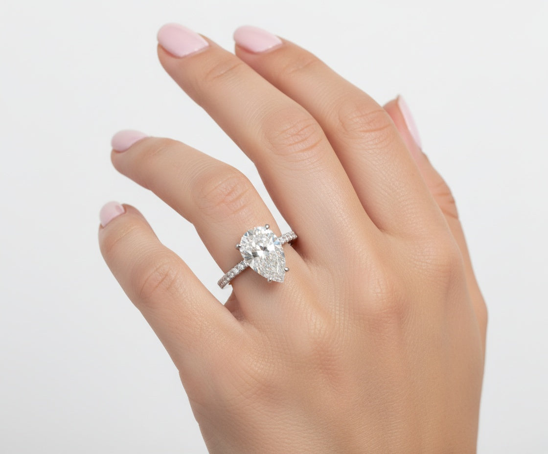 IGI Certified Pear Lab Diamond Hidden Halo Ring (5 ct) in Solid Gold 10K–18K or 925 Sterling Silver