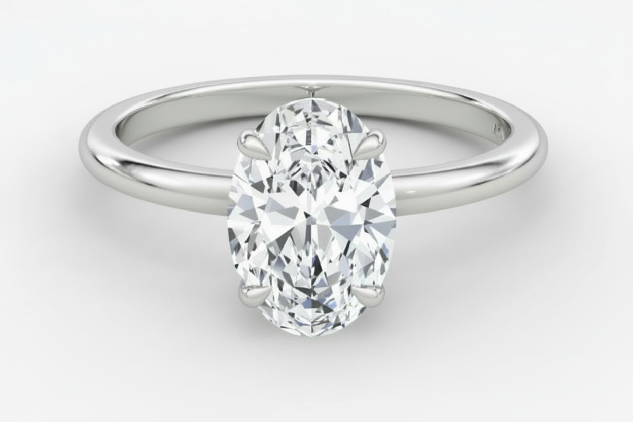 Majestic Solitaire 5 Carat Oval Moissanite Ring | D Color, VVS Clarity, Platinum-Plated Sterling Silver